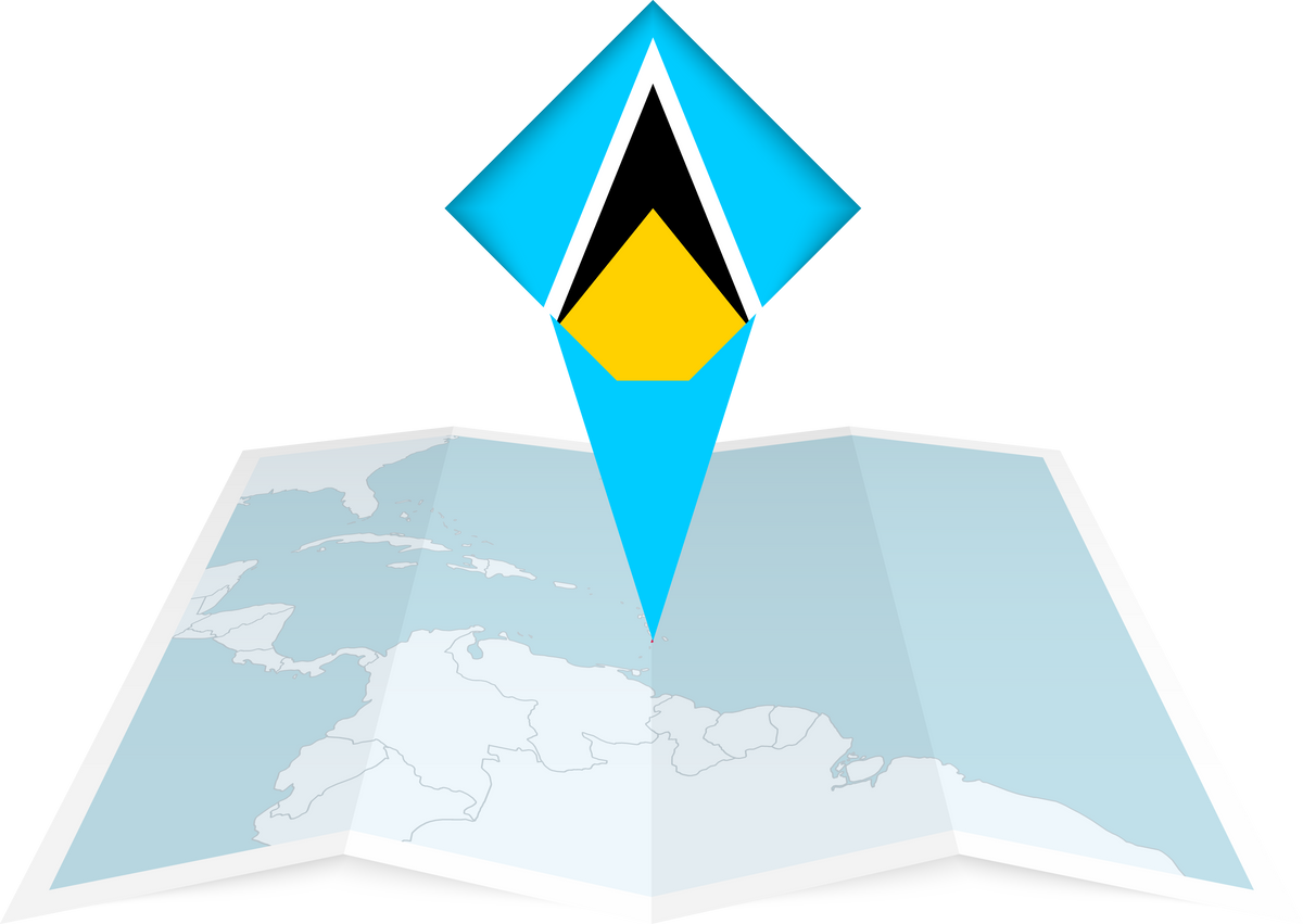 Saint Lucia pin flag and map on a folded map